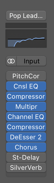 Logic Pro Pop Lead Vocal preset chain showing Pitch Correction, Console EQ, Compressor, Multipressor, Channel EQ, DeEsser 2, Chorus, Stereo Delay and SilverVerb slots