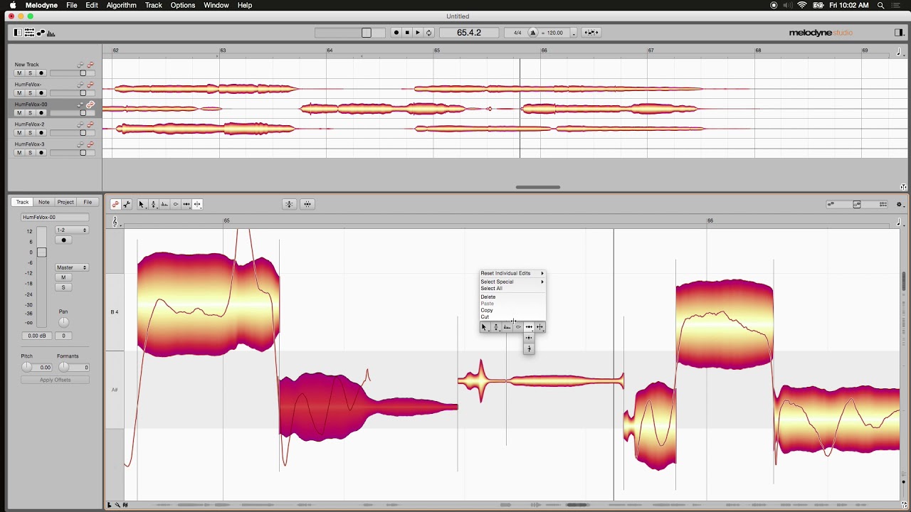 Celemony Melodyne showing vocal notes as editable blobs for note-by-note manual tuning