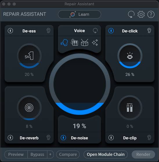iZotope RX 10 Advanced Repair Assistant showing de-click, de-ess, de-noise and de-reverb modules for vocal cleanup