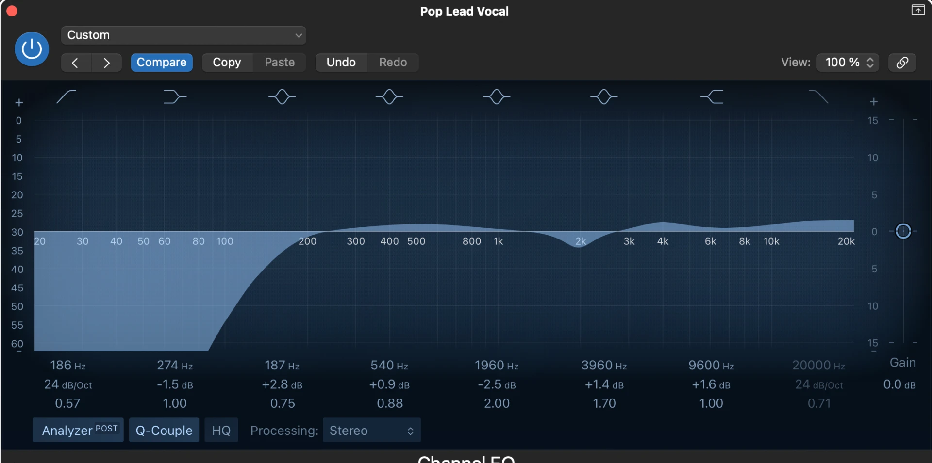 Logic Pro Channel EQ on the Pop Lead Vocal preset, adjusted with a low shelf boost around 187 Hz and small cuts near 274 Hz and 1960 Hz to give a thin vocal more body