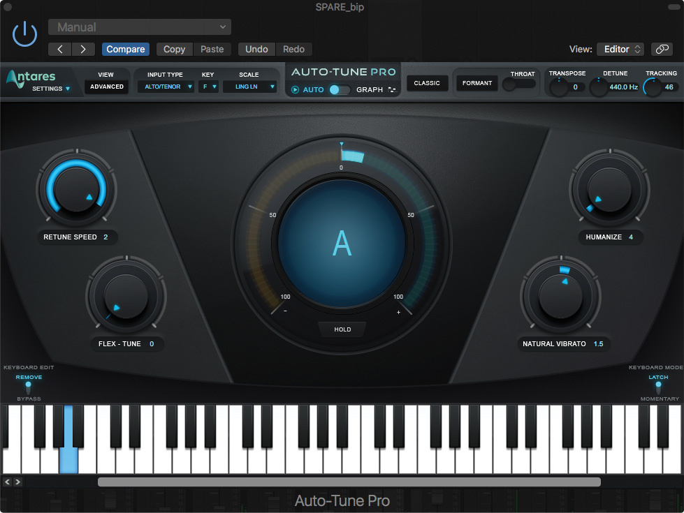 Antares Auto-Tune Pro plug-in interface showing retune speed, humanize and pitch correction controls